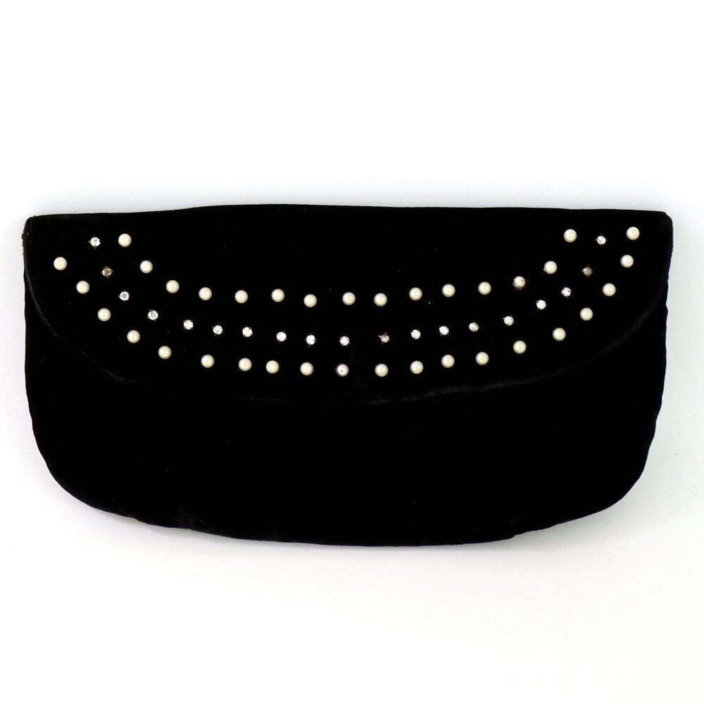 Vintage 60s Black Velvet Clutch Pearl Rhinestone Evening Bag